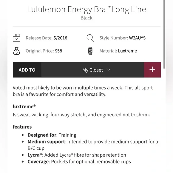 Women’s Lululemon Energy Black Sports Bra Sz 12 training gym workout pilates - Picture 9 of 9